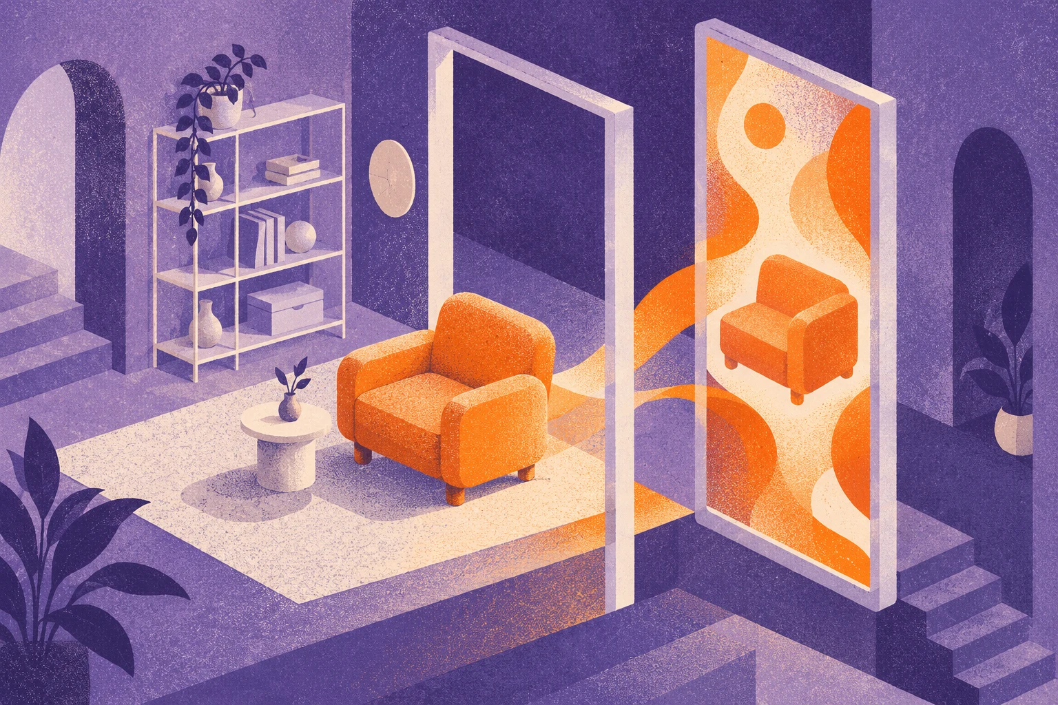 Habitación imaginaria con muebles genéricos conectada a marcos abstractos de vídeo; no reproduce IKEA, Douyin ni una tienda real.