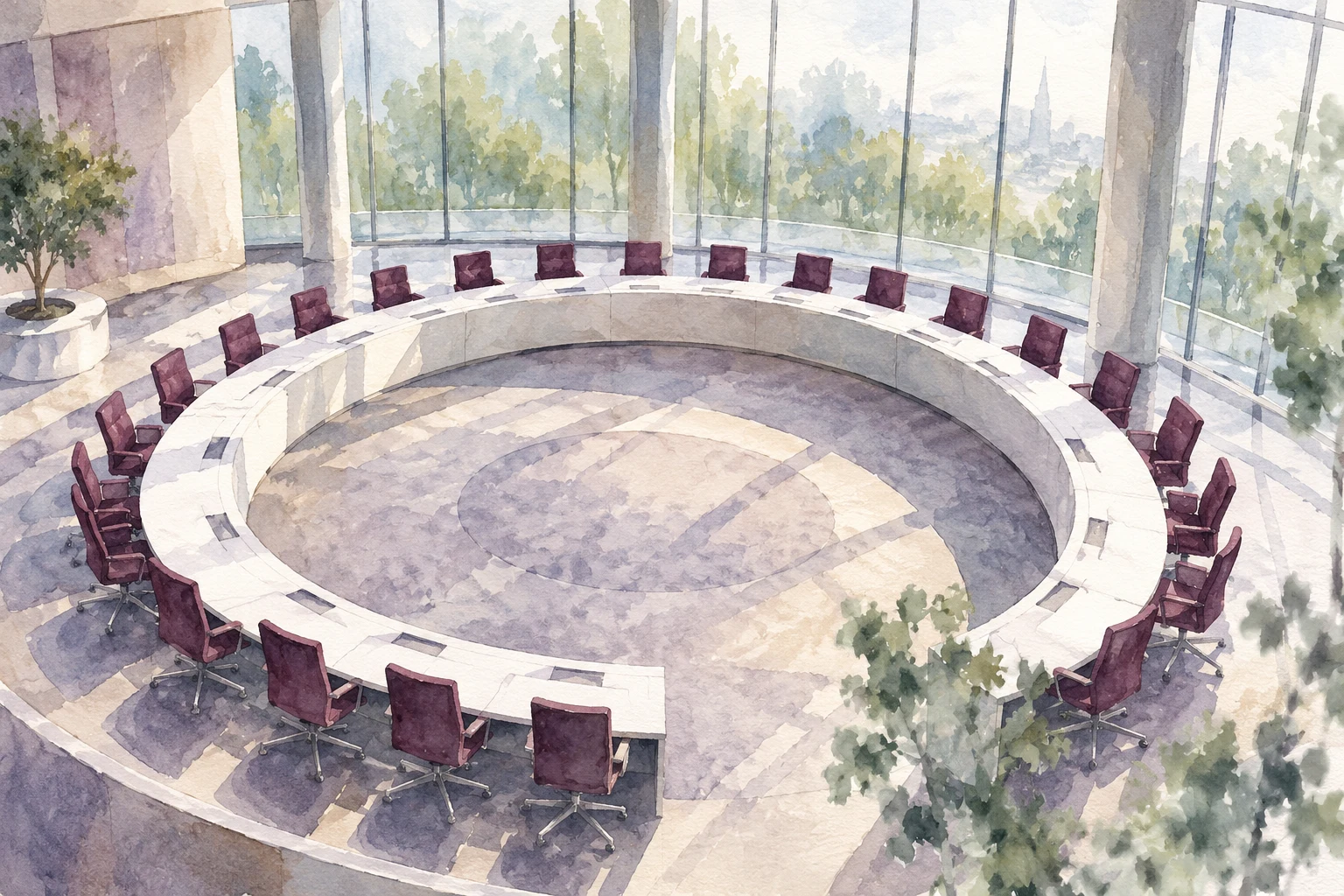 Acuarela de una sala de reuniones imaginaria vacía; no representa la sede ni una sesión real del BCE.