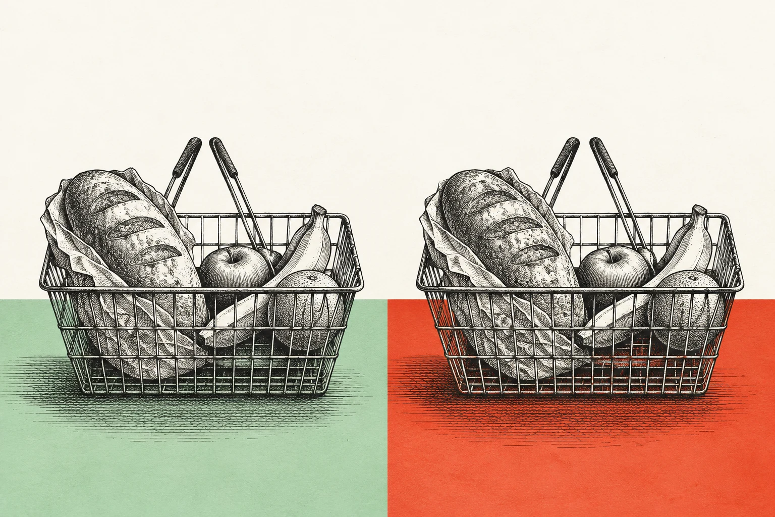 Grabado de dos cestas conceptuales sobre fondos distintos; no representa precios, países ni cantidades medidas.