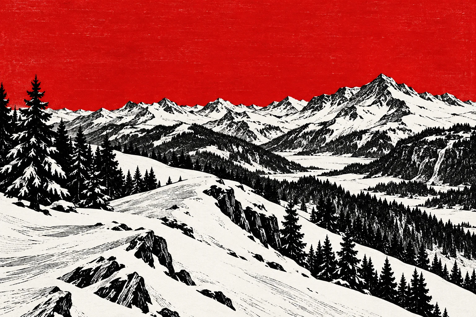 Grabado de un paisaje alpino imaginario en rojo, blanco y negro; no representa una sede del BNS, un hecho observado ni una medición económica.