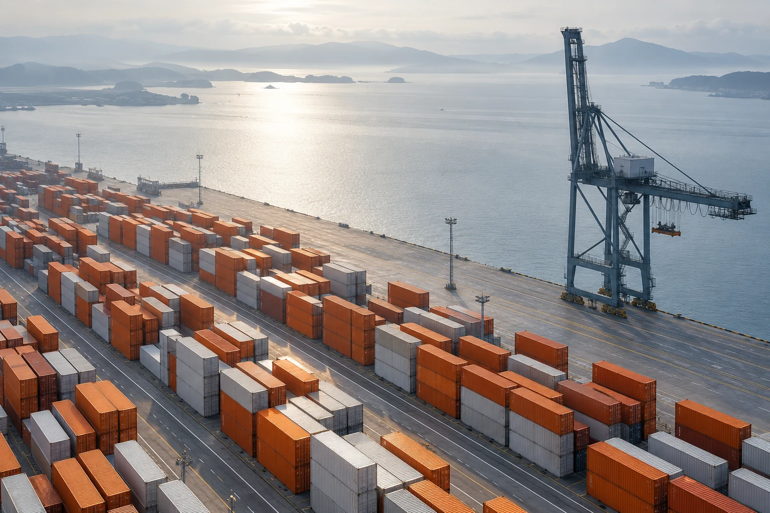 Puerto comercial ficticio con contenedores y una grúa; no documenta tráfico ni cifras de ningún país.