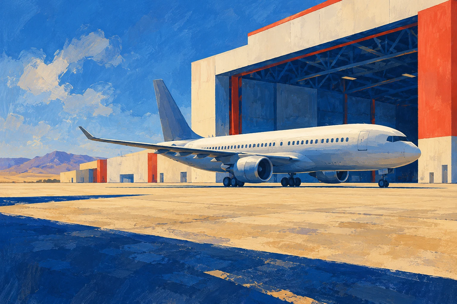 Avión genérico dibujado junto a un hangar imaginario; ilustración IA, no aeronave entregada, instalación de Airbus ni registro de producción.