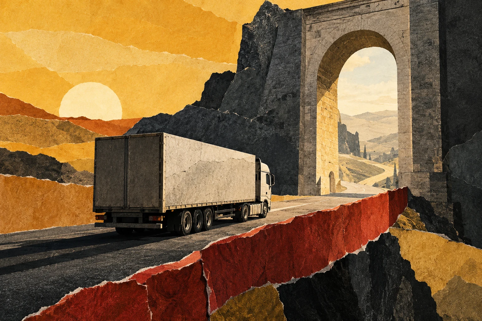 Camión ficticio ante un arco y una barrera; collage IA sin frontera o arancel reales.