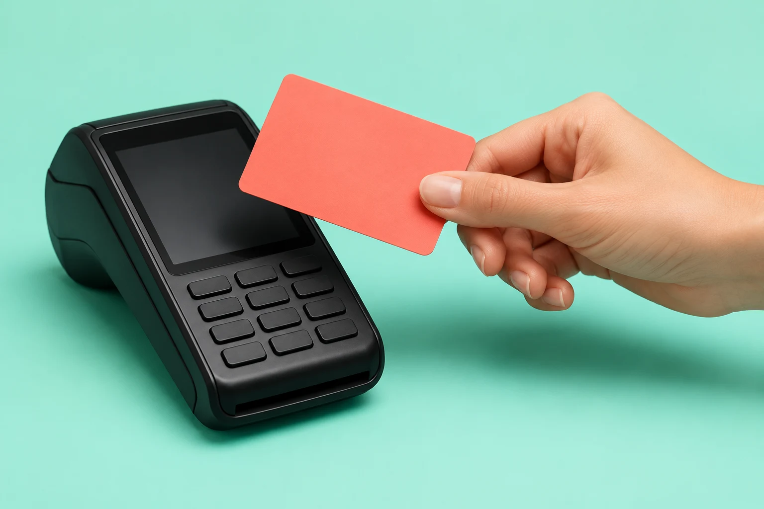 Mano ficticia con tarjeta sin marca junto a terminal vacío; ilustración IA sin operación bancaria real.