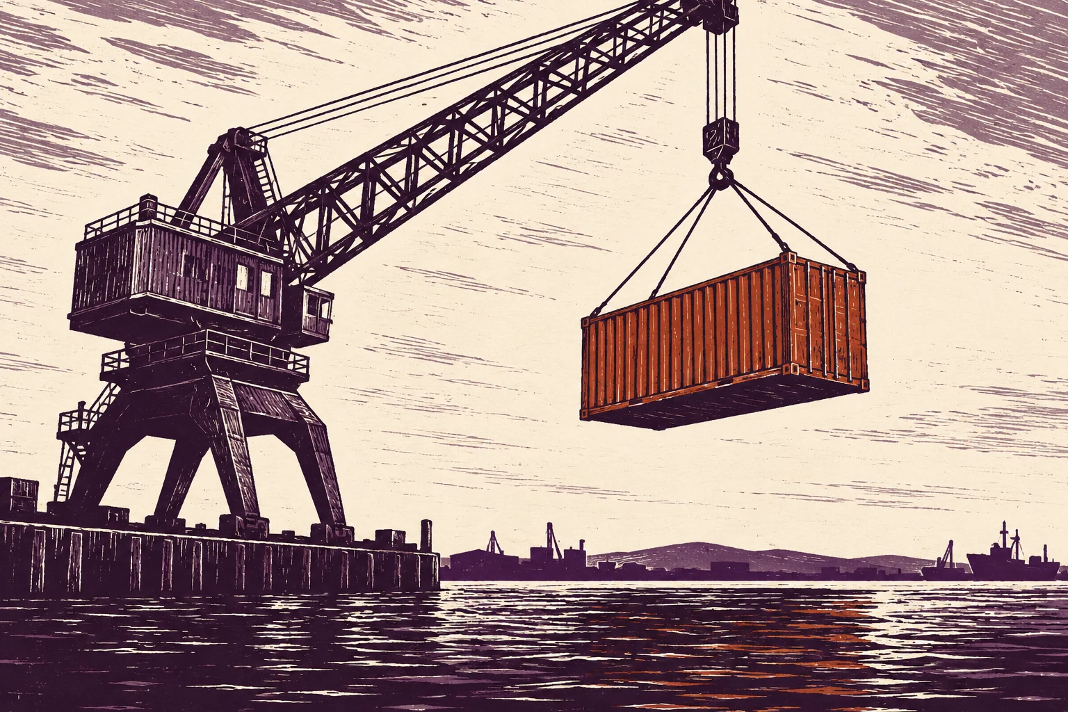 Puerto ficticio en grabado IA; no documenta una importación ni una inspección aduanera.
