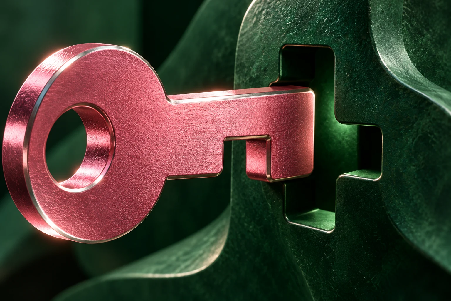 Ilustración IA de una llave abstracta y una abertura; metáfora de uso limitado, sin claves criptográficas ni pagos reales.