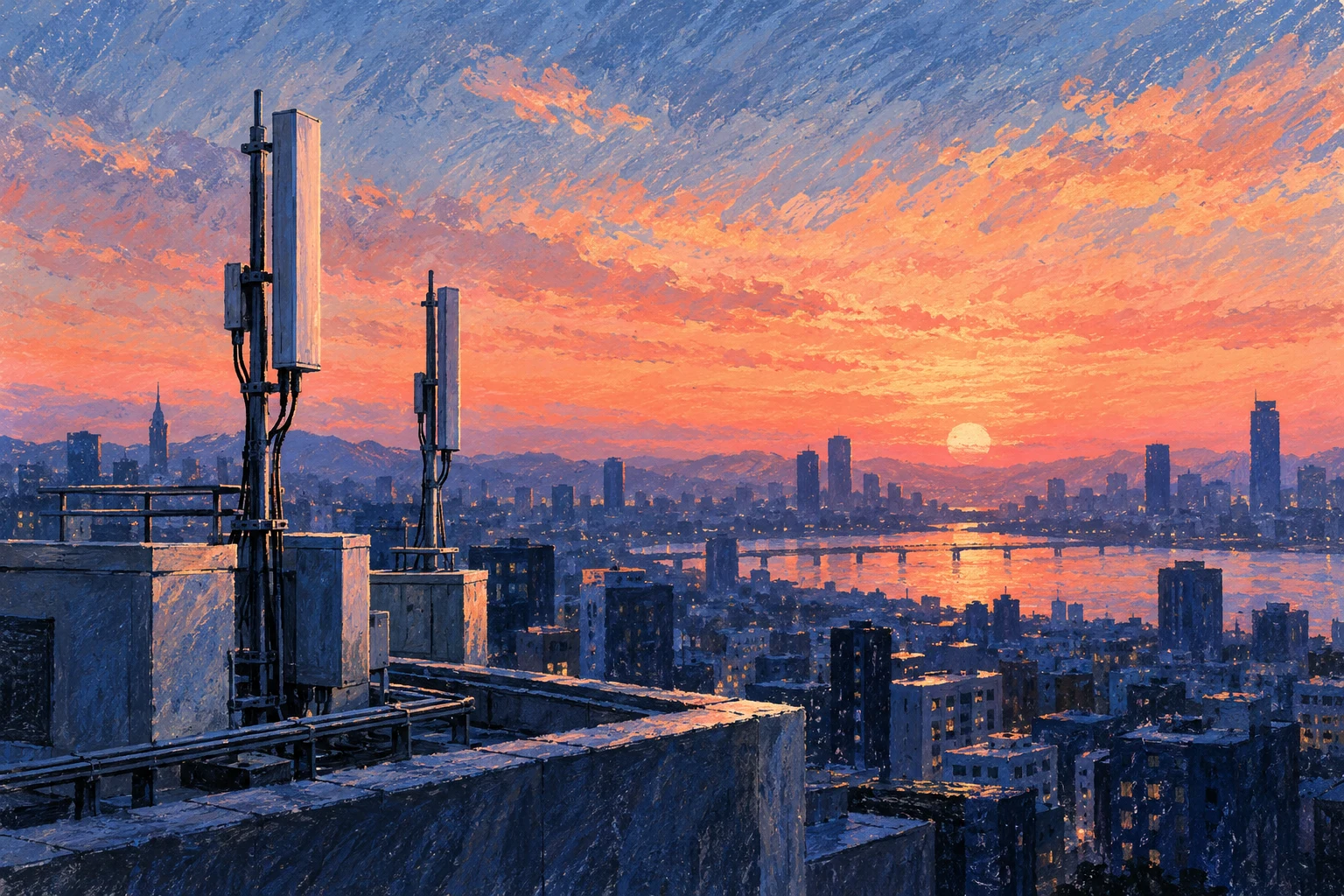 Antenas y ciudad imaginarias dibujadas al pastel; ilustración IA, no equipos de Ericsson ni un despliegue real.