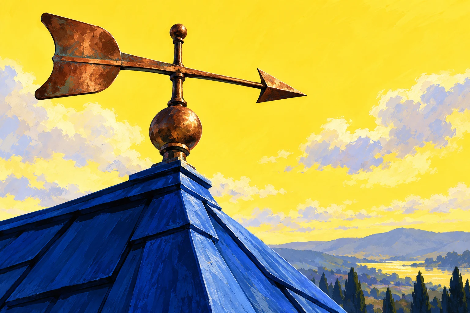 Veleta imaginaria sobre un tejado azul; gouache conceptual IA, sin edificio de la Fed.