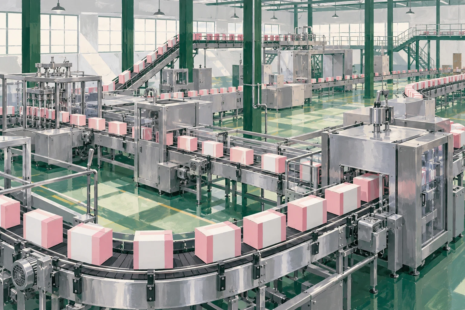 Línea alimentaria ficticia con envases sin marca, ilustración IA sin instalación ni productos de Nestlé.