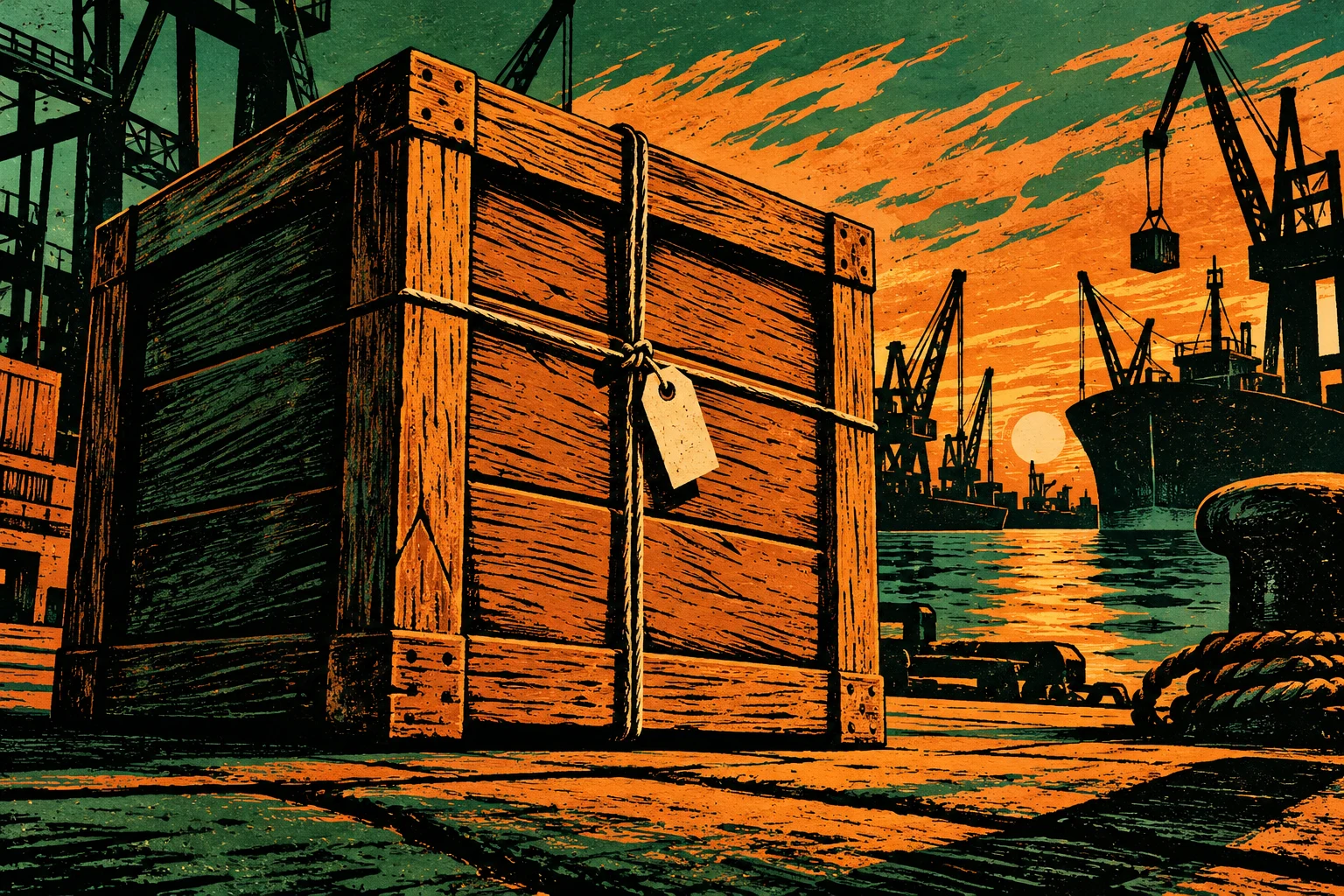 Ilustración IA de una caja de carga en un puerto ficticio; no reproduce documentos aduaneros ni acredita el origen de una mercancía.