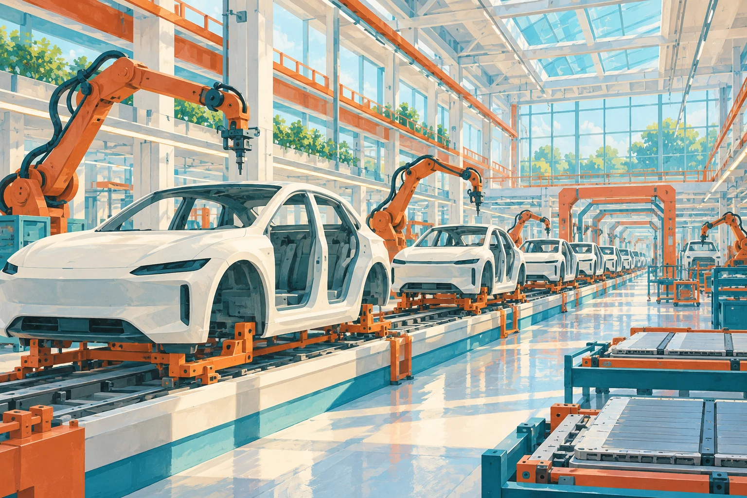 Fábrica de vehículos eléctricos completamente imaginaria en gouache; imagen IA sin representar Tesla, sus modelos o cifras reales.