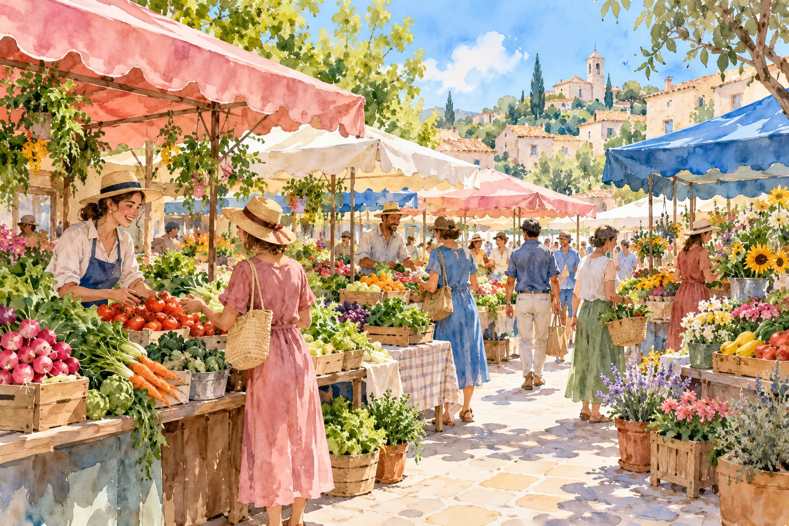 Mercado cotidiano completamente imaginario en acuarela; imagen IA sin retratar una comunidad ni acreditar pobreza.