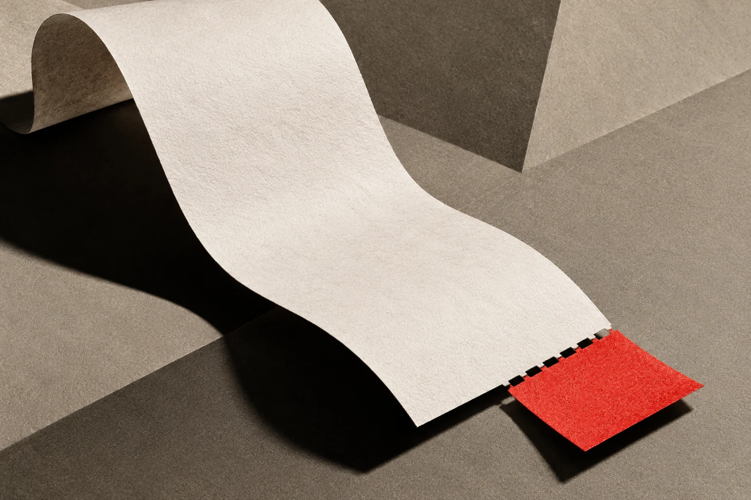 Ilustración IA de una tira de papel sin texto y una pestaña diferenciada; no es una factura real, una tarjeta ni prueba de un cobro.