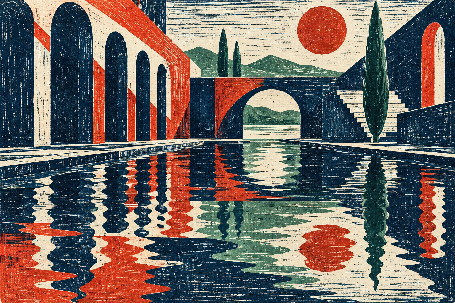 Ilustración IA de un patio acuático ficticio con reflejos; no representa bancos, operaciones ni volúmenes medidos.