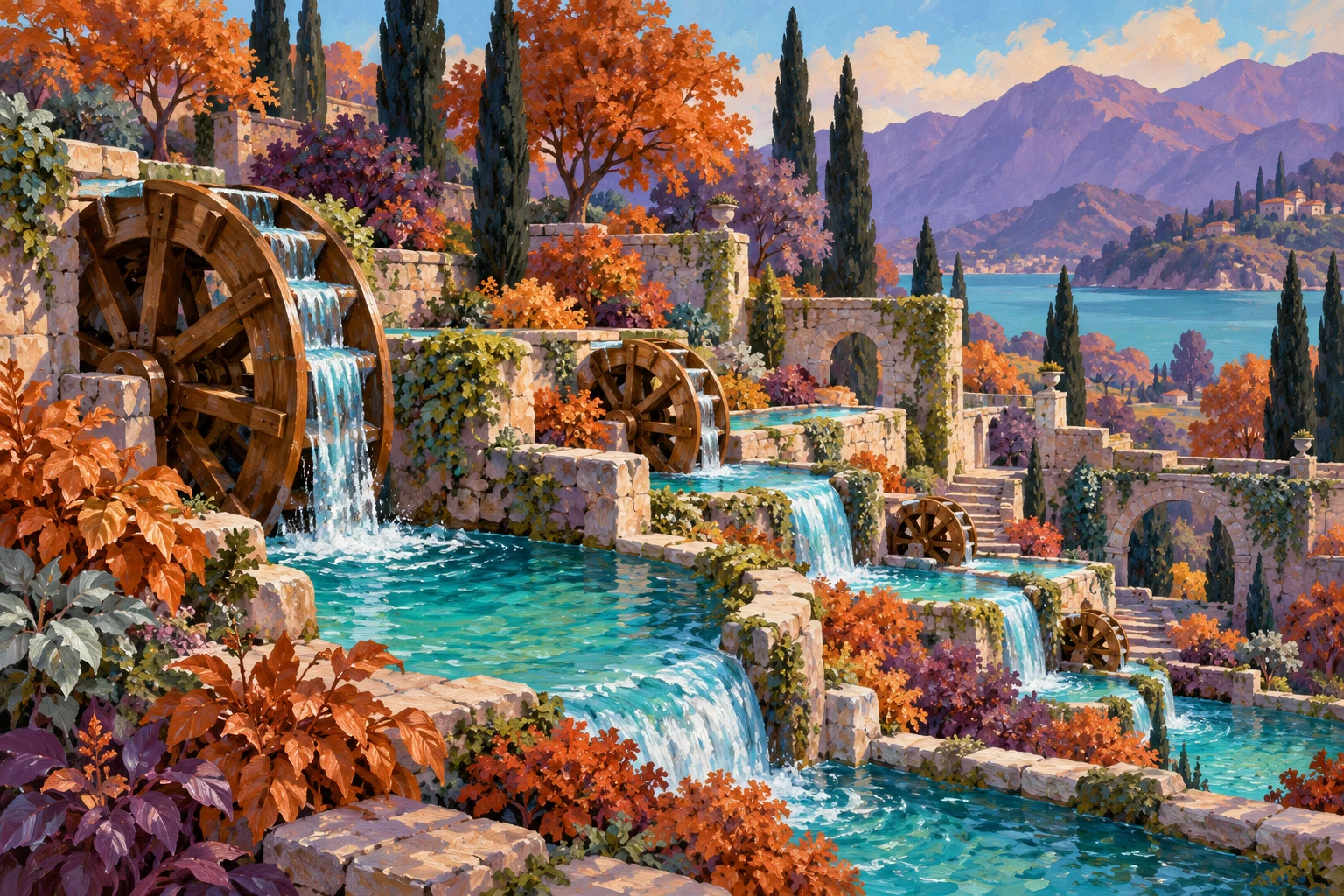 Ilustración IA de un jardín inventado con ruedas de agua diferentes; es una metáfora de transmisión y no representa tipos de interés, infraestructuras ni datos medidos.