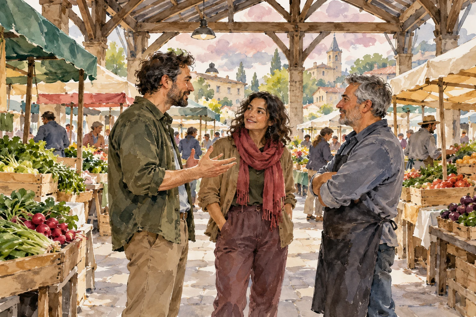 Ilustración IA de conversaciones en un mercado imaginario; no representa entrevistados del Libro Beige ni una visita de la redacción.