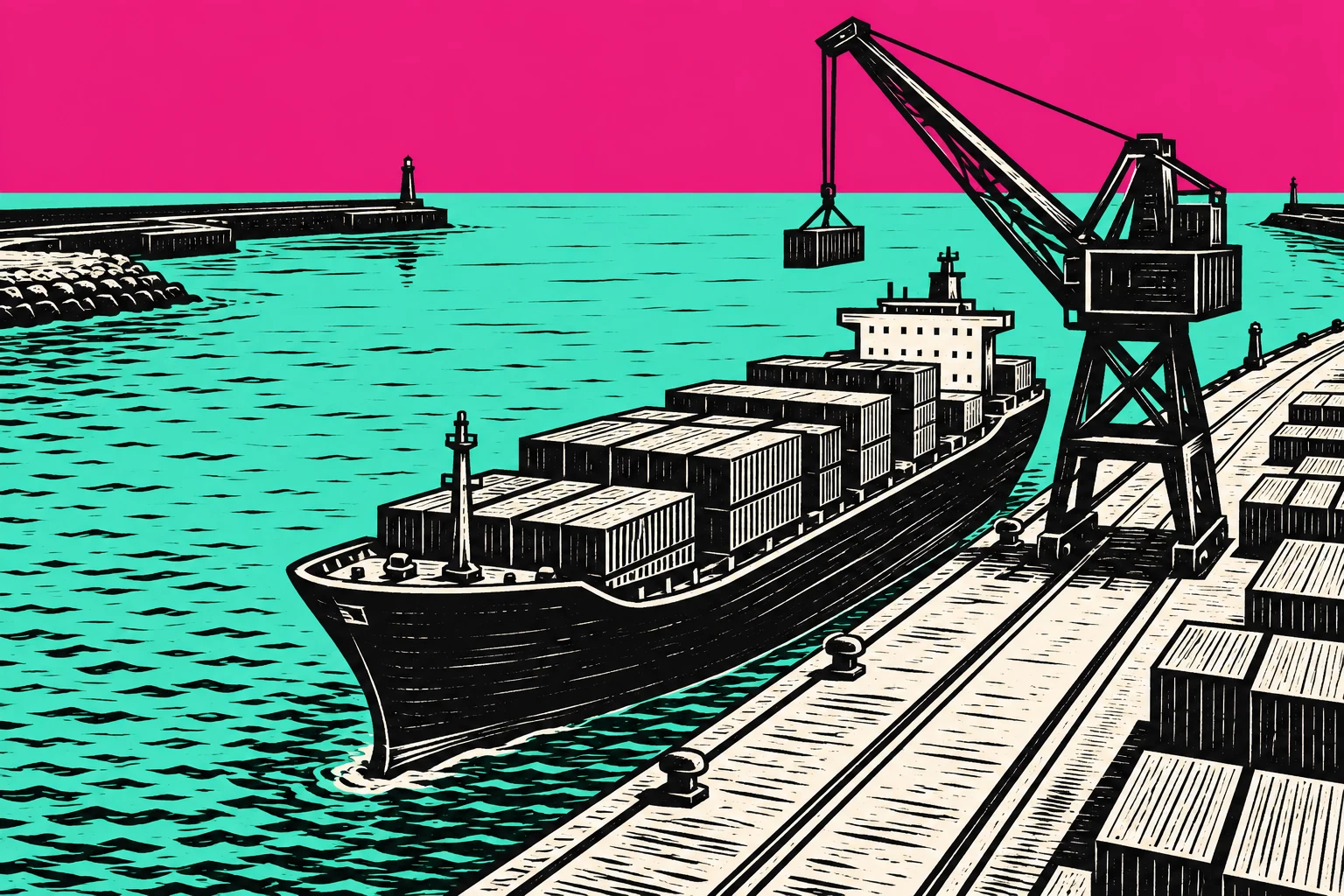 Ilustración IA de un puerto y un buque de carga inventados; no documenta un envío asegurado, una ruta comercial ni un siniestro.