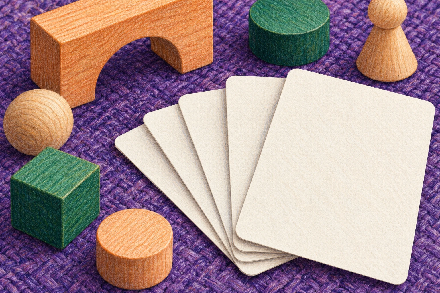 Ilustración IA de cartas sin dibujos y juguetes de madera inventados; no representa productos Hasbro, una expansión de Magic ni ventas comprobadas.