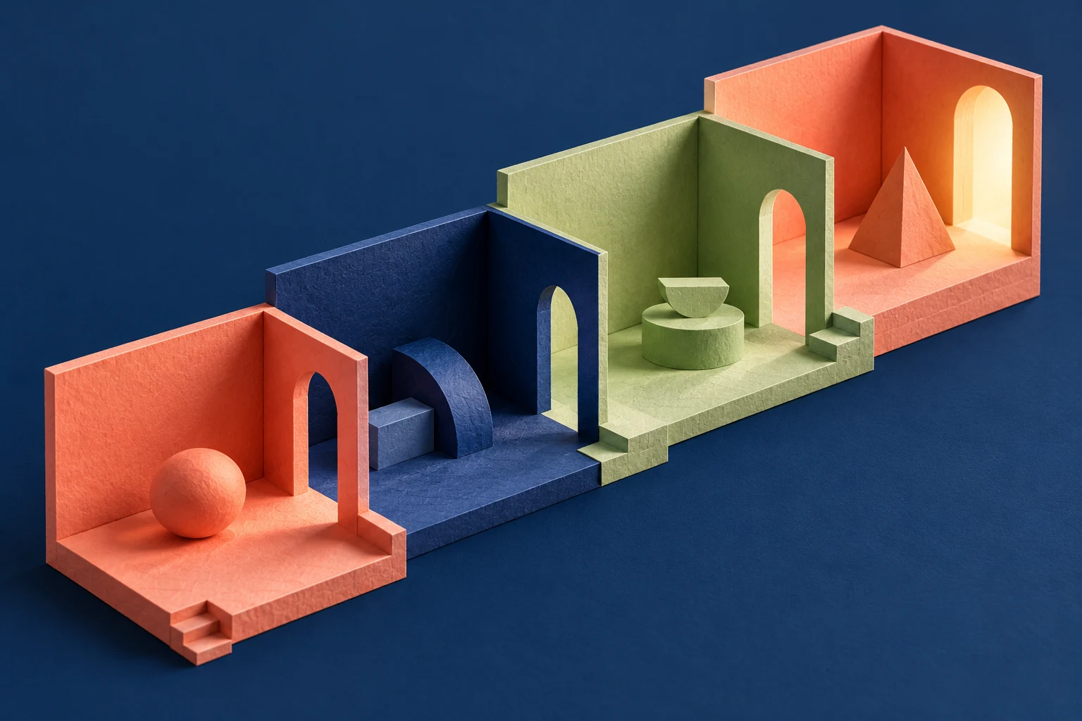 Ilustración IA de cuatro espacios abstractos conectados en una maqueta de papel; no representa oficinas, calendario oficial ni resultados de Microsoft.