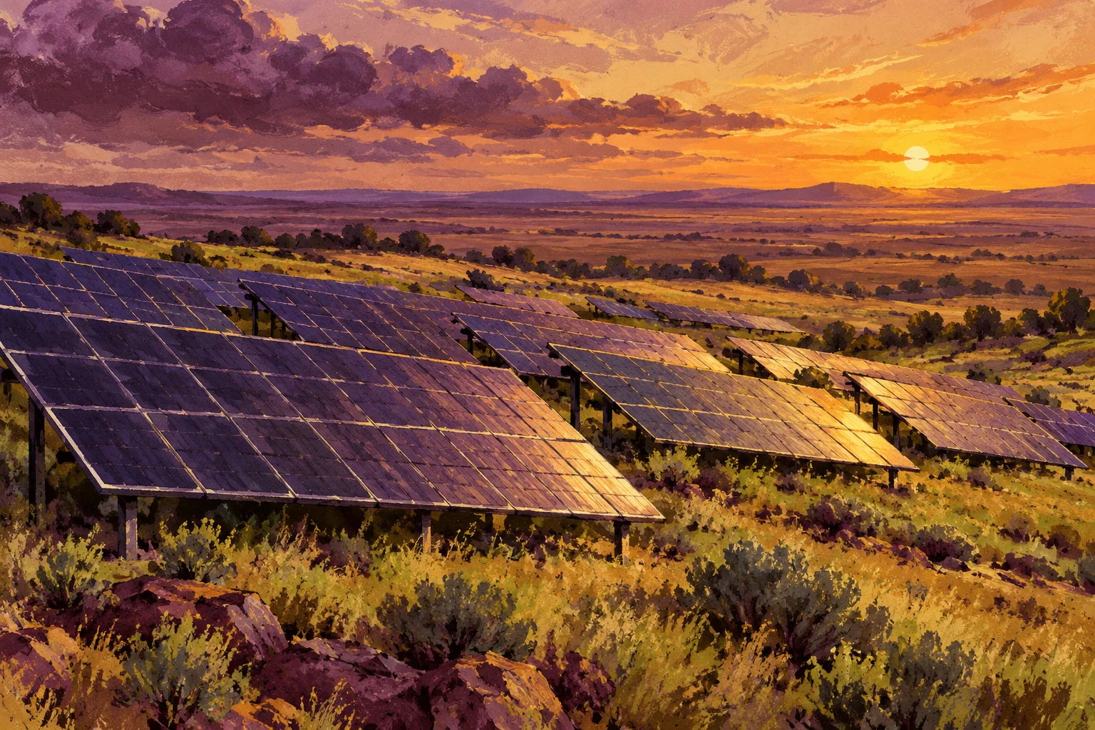 Ilustración IA de un campo solar inventado; no documenta instalaciones, importaciones, capacidad eléctrica ni resultados medidos.
