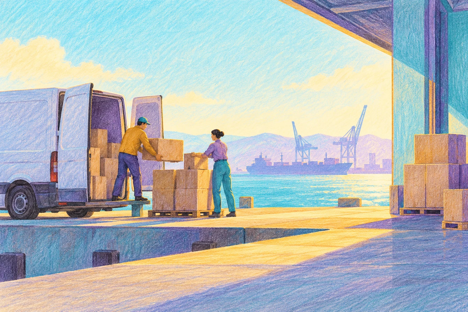 Ilustración IA de un muelle de carga y adultos ficticios; no muestra una aduana, empresa, envío o mercancía reales.
