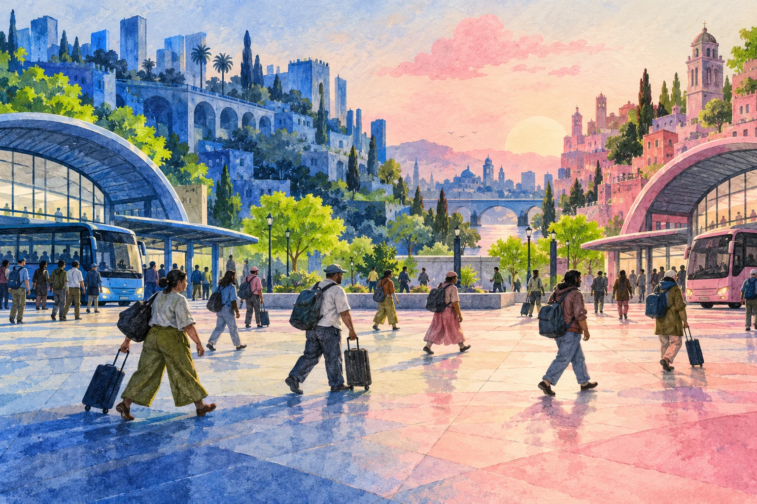 Ilustración IA de terminales y viajeros ficticios; no representa países, un corredor de remesas real o flujos monetarios medidos.