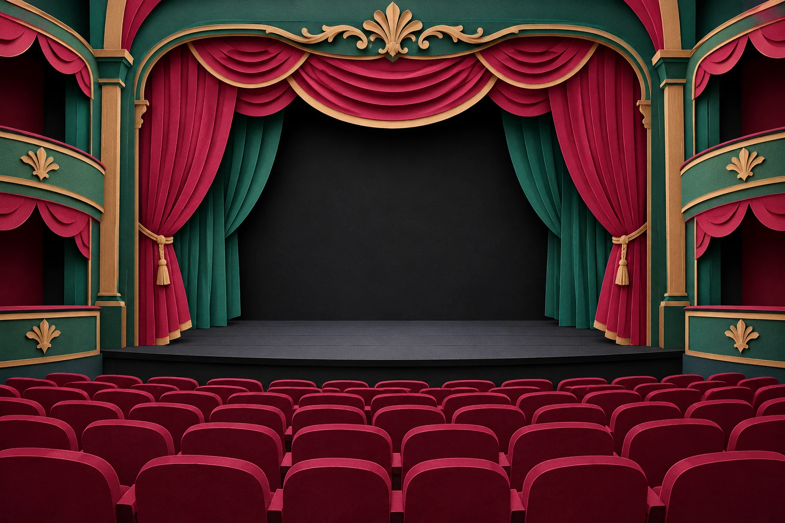 Ilustración IA en papel recortado de un teatro vacío e imaginario con cortinas; no muestra una sede, una producción ni resultados de Netflix.