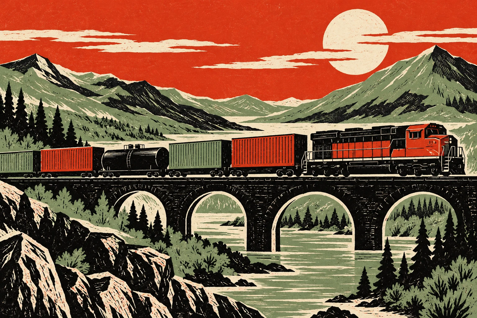 Grabado IA de un tren de mercancías ficticio cruzando un paisaje inventado; no documenta una frontera, declaración o envío real.