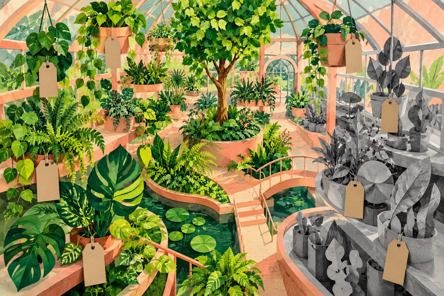 Invernadero ficticio con plantas y etiquetas vacías; collage generado con IA.