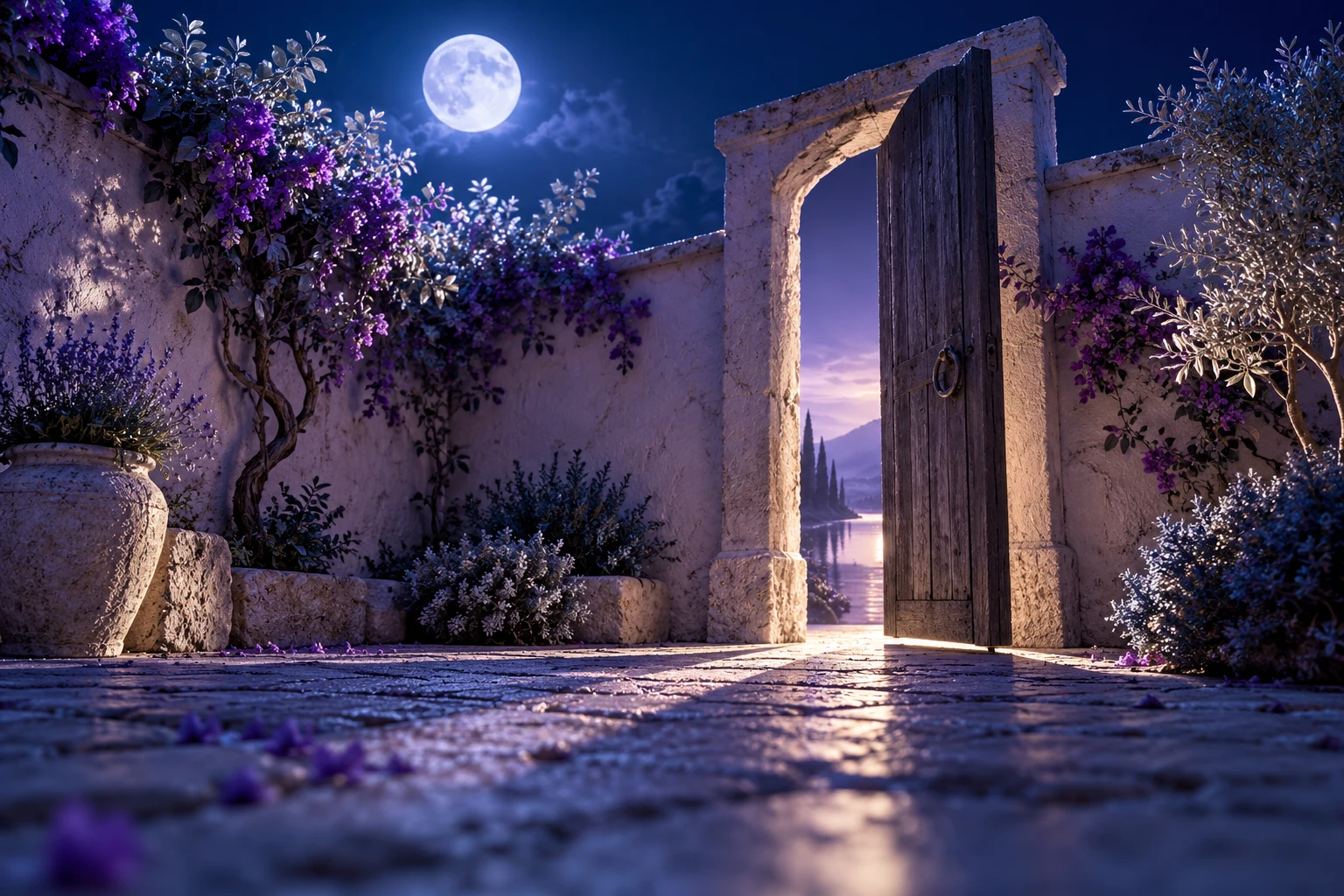 Puerta de patio imaginario iluminada por la luna; fotografía ilustrativa generada con IA.