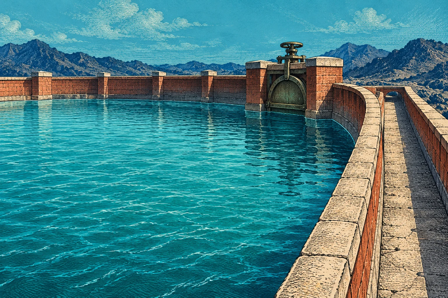 Depósito de agua ficticio con compuerta cerrada en un grabado; ilustración IA conceptual sin volumen, operación o instalación reales.