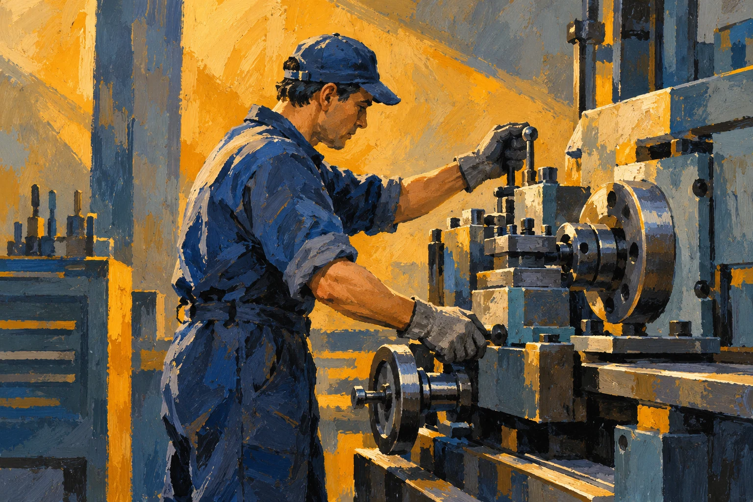 Taller industrial imaginario en gouache con un trabajador ficticio; ilustración IA que no representa fábricas, vehículos ni personal de Tesla.