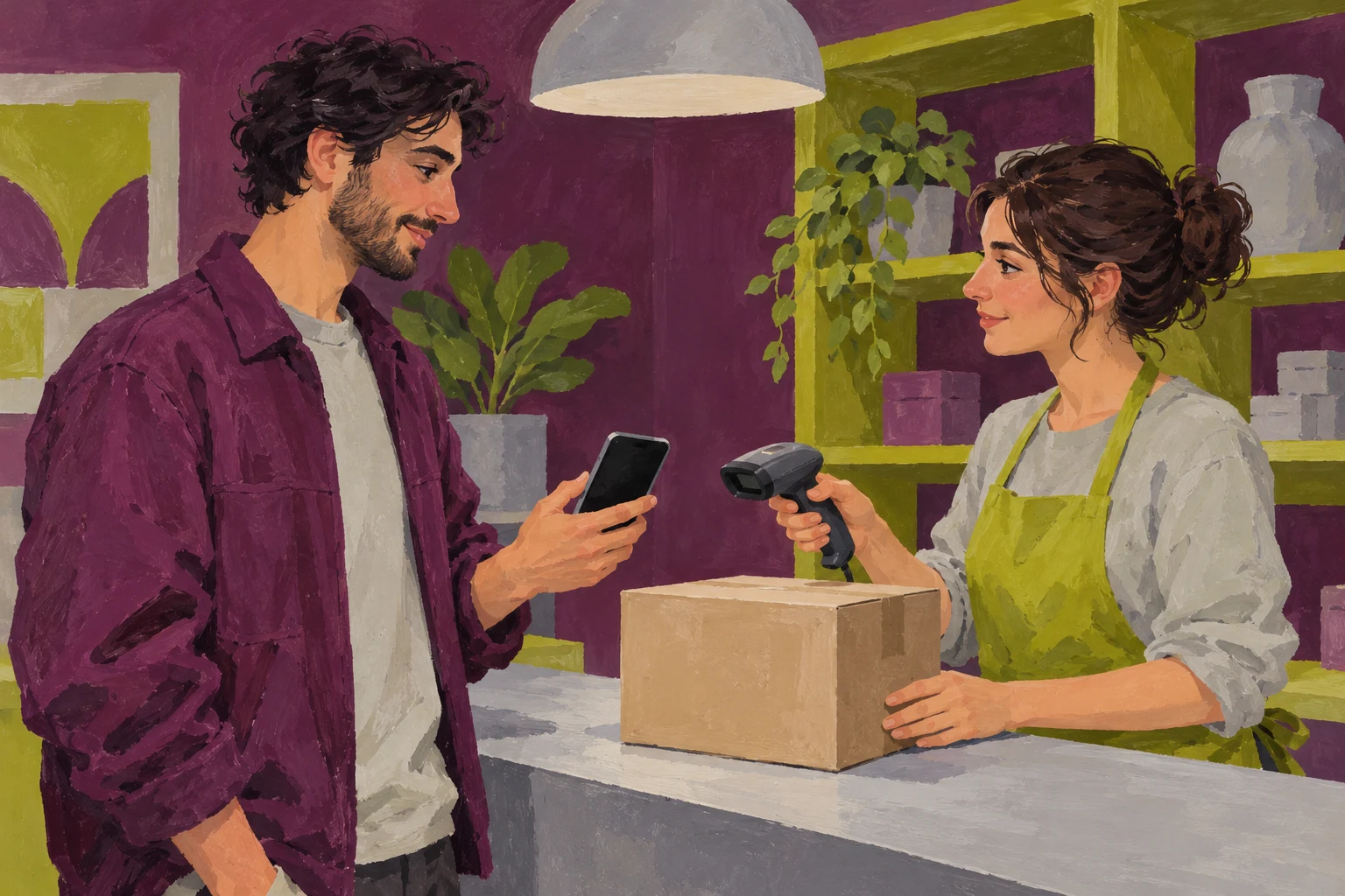Dos adultos ficticios en una tienda imaginaria con lector y dispositivo sin código visible; ilustración IA sin pago ejecutado ni servicio real.