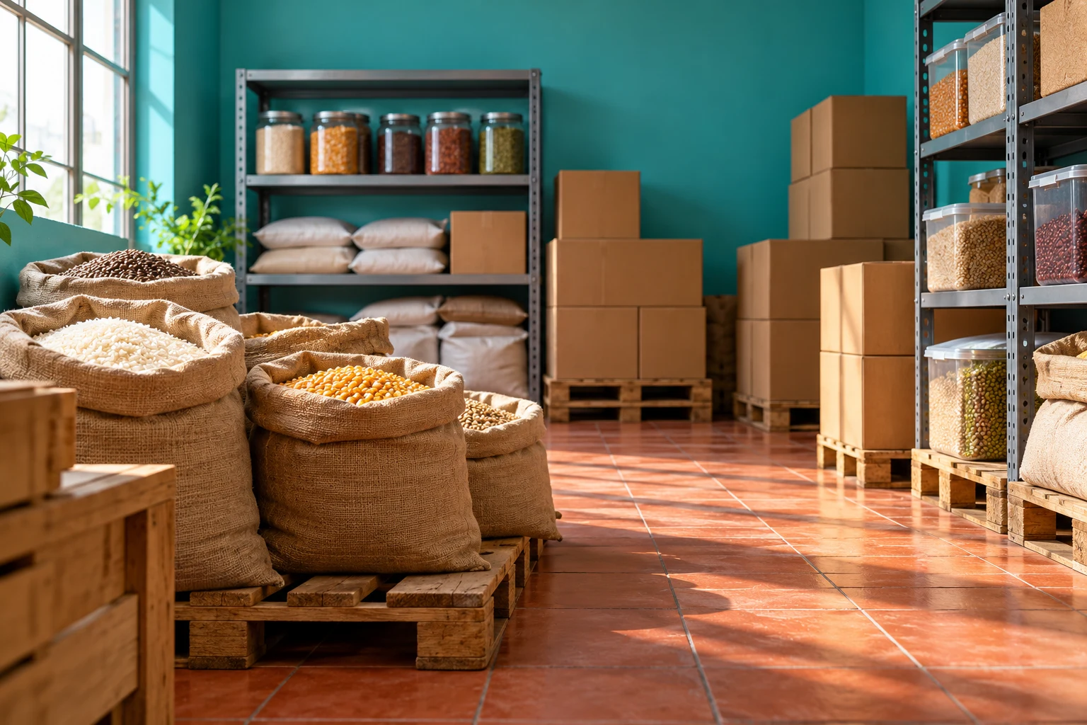 Almacén alimentario imaginario con sacos de grano y cajas sin marca; ilustración IA ajena a instalaciones reales de Nestlé.