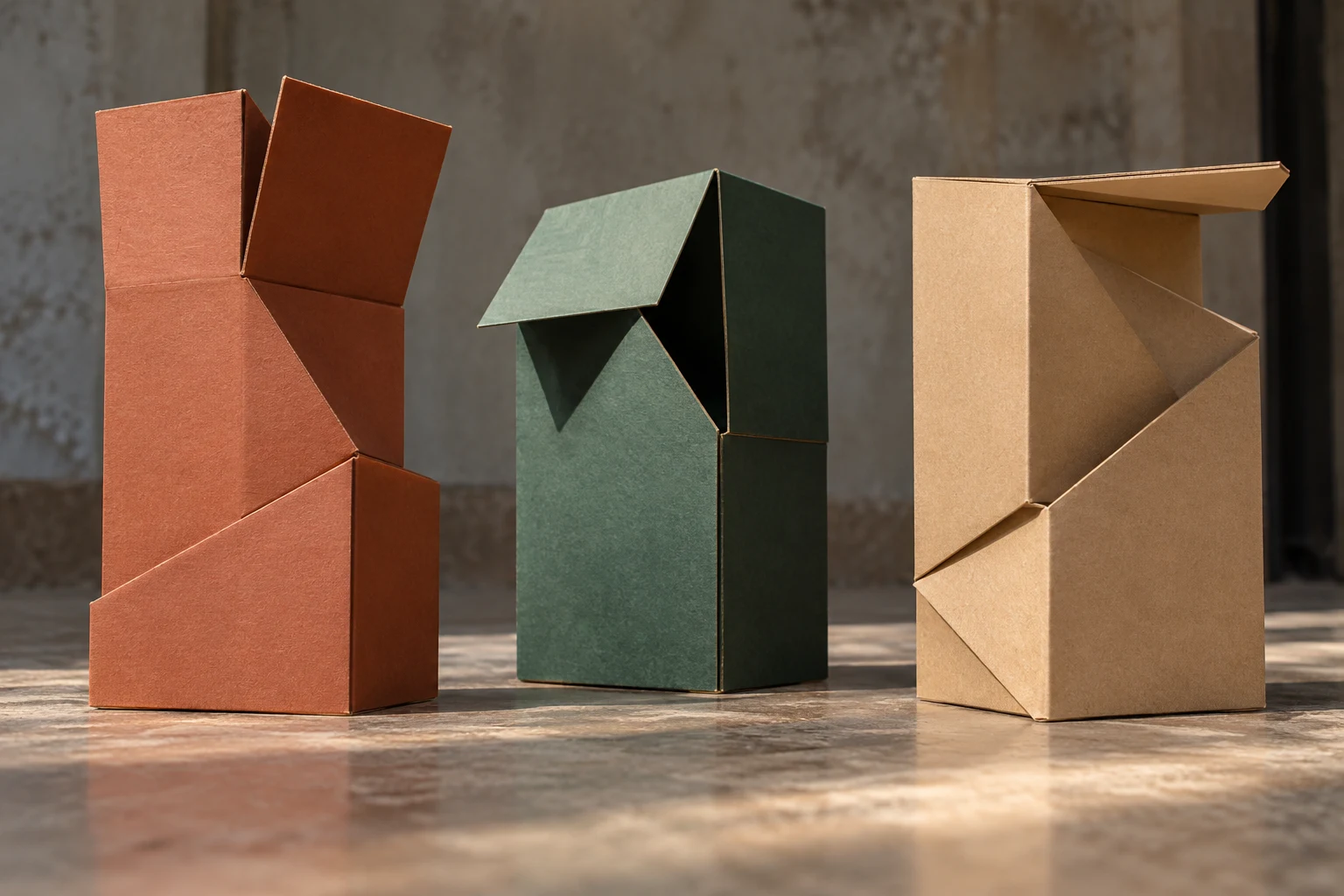 Tres cajas plegadas sin marca en suelo de taller imaginario, ilustración IA sin productos comerciales.