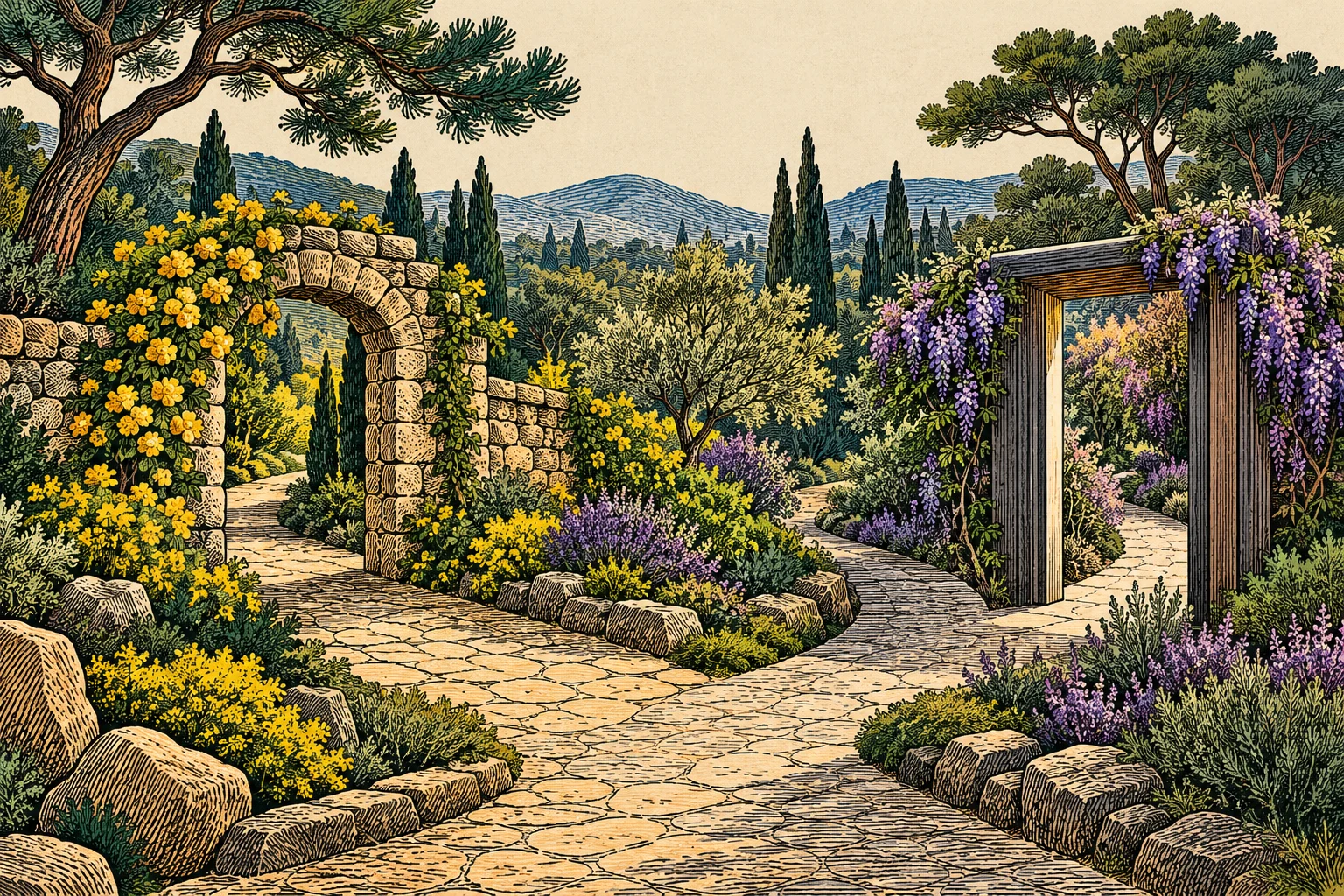 Dos entradas de jardín imaginario en grabado, ilustración IA sin diagrama del protocolo de pagos.