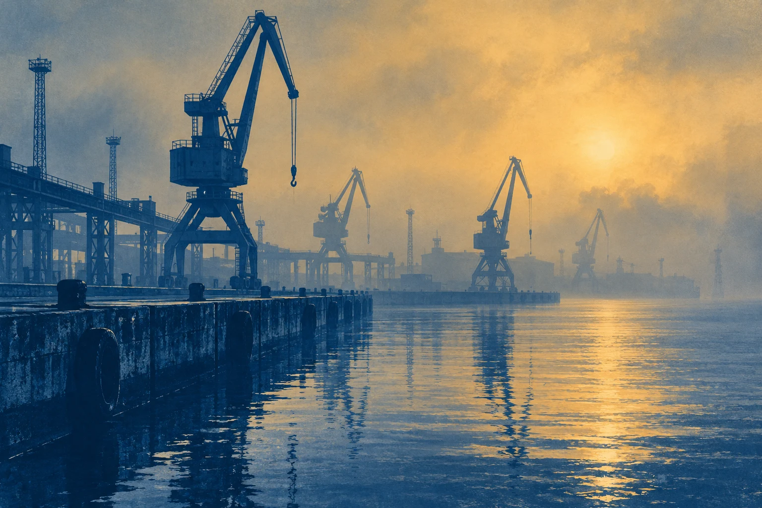 Muelle industrial imaginario con grúas en cianotipia, ilustración IA sin país, empresa o medida aduanera real.