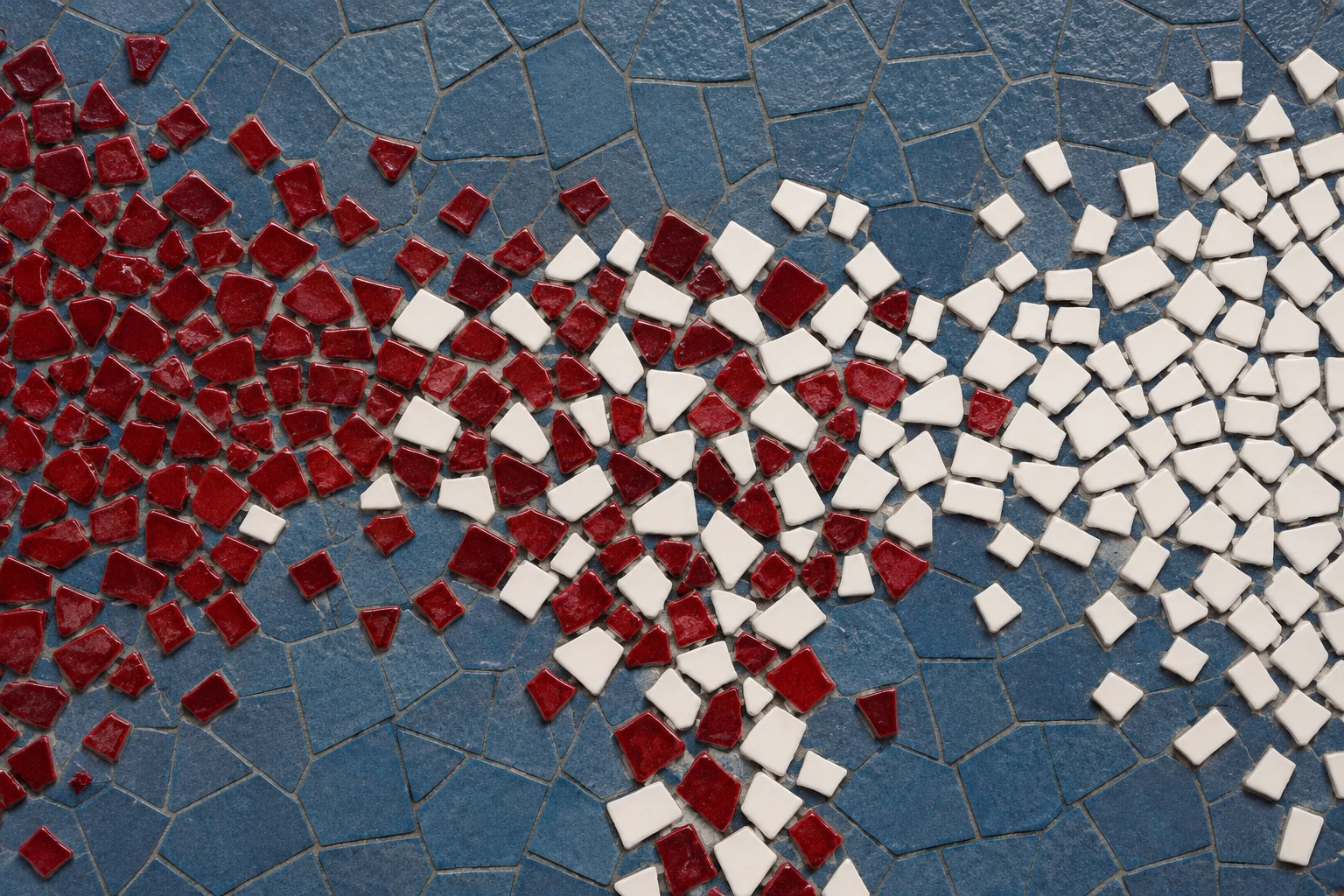 Mosaico cerámico abstracto de teselas burdeos, blancas y azules generado con IA; sin mapa de países o proporciones estadísticas.