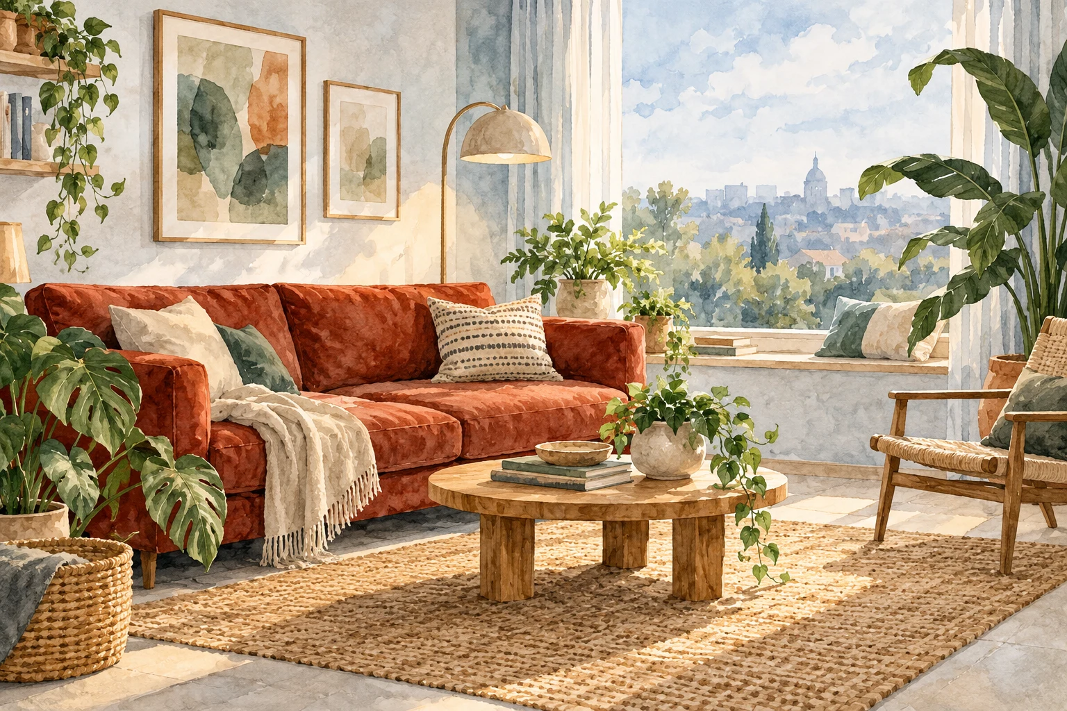 Habitación luminosa inventada con sofá rojo y ventana en acuarela generada con IA; sin inmueble anunciado, precio medido o metodología dibujada a escala.