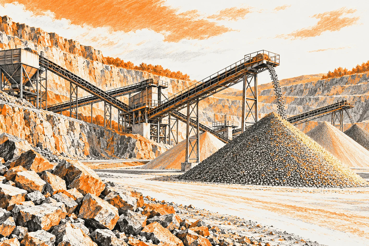 Transportadores y áridos de cantera inventada en grabado generado con IA; no representa instalaciones de Cemex, cifras o actividad documentadas.
