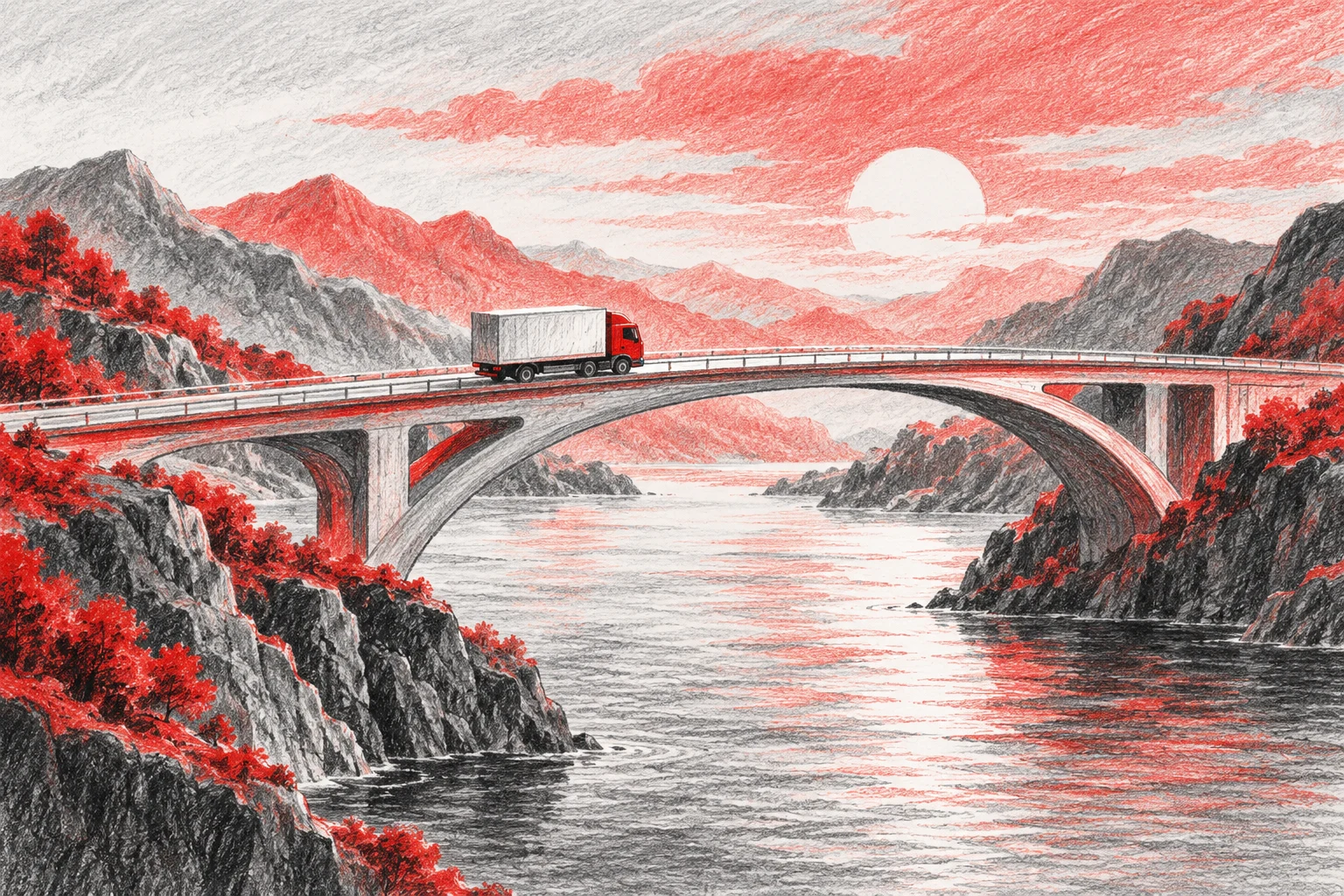 Puente, río y vehículo de carga completamente imaginarios dibujados a lápiz de color, ilustración IA sin frontera, mercancía o despacho aduanero reales.