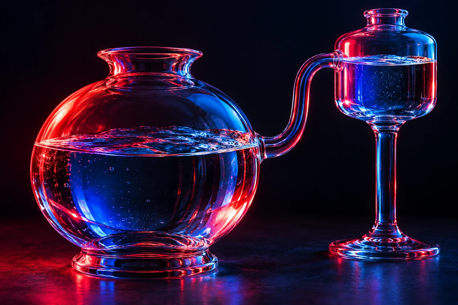 Ilustración IA conceptual: depósito de cristal con reserva de agua. Escena inventada; no documenta personas, sedes, datos o resultados reales.