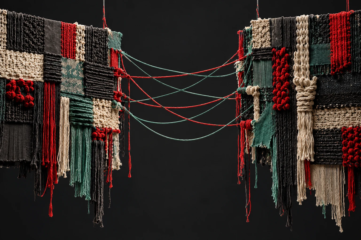 Ilustración IA conceptual de hilos entre dos bloques textiles. Escena inventada; no documenta personas, sedes, datos, productos probados o resultados reales.
