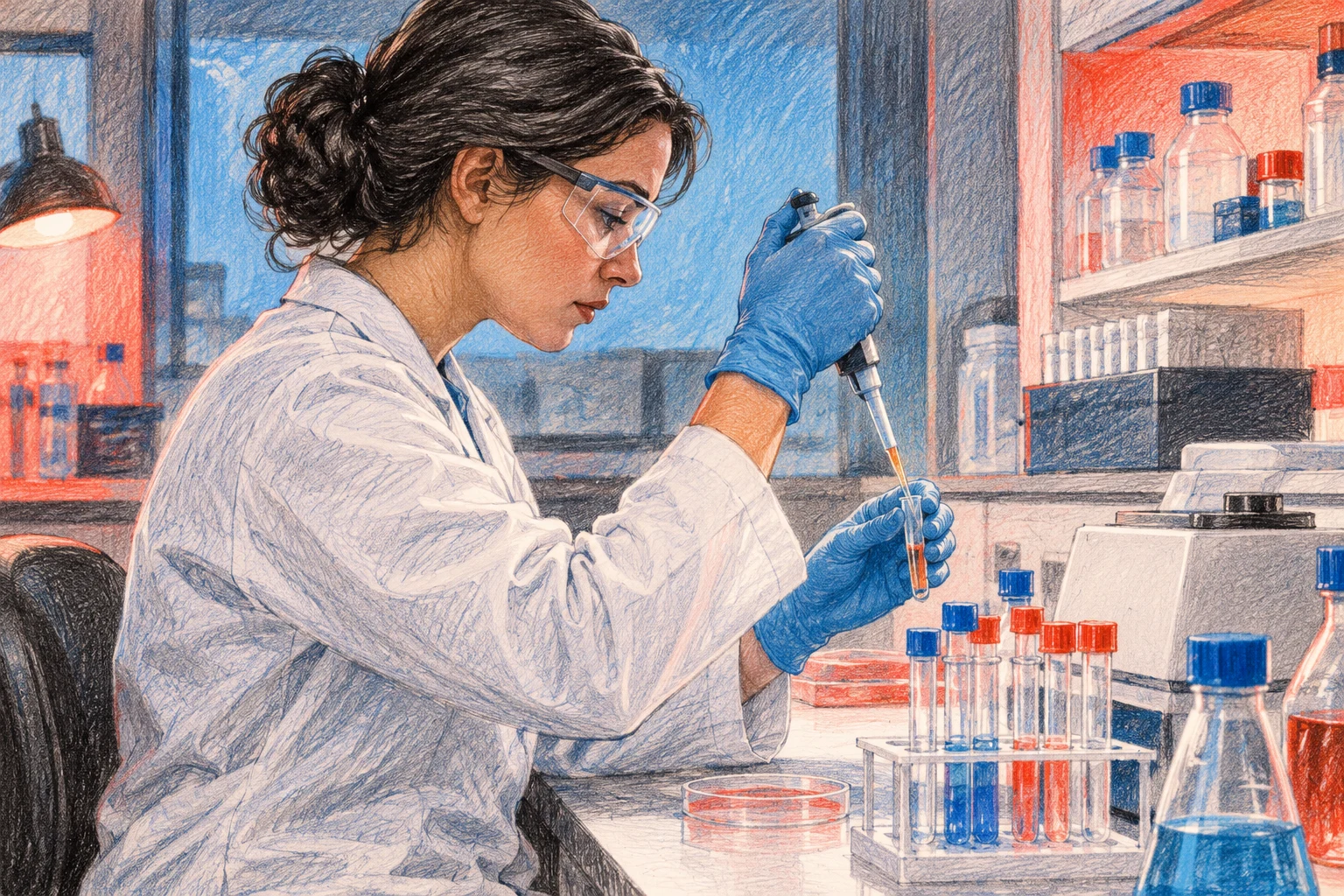 Ilustración IA conceptual de científica ficticia en laboratorio inventado. Escena inventada; no documenta personas, sedes, datos, productos o resultados reales.