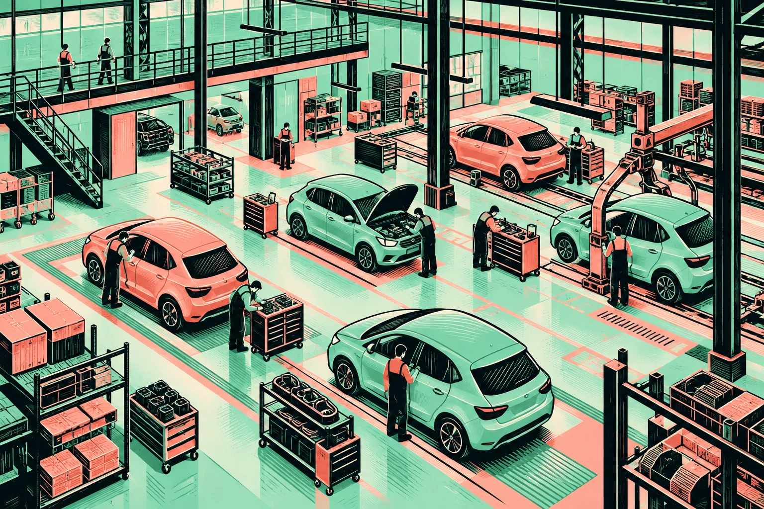 Ilustración IA conceptual: fábrica y automóviles genéricos imaginarios; no instalaciones, modelos o ventas reales de Mercedes.