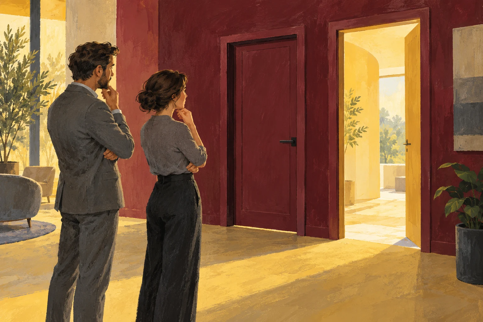 Ilustración IA: dos profesionales ficticios ante panel de puertas. Escena imaginaria; no documenta personas, instalaciones ni resultados reales.