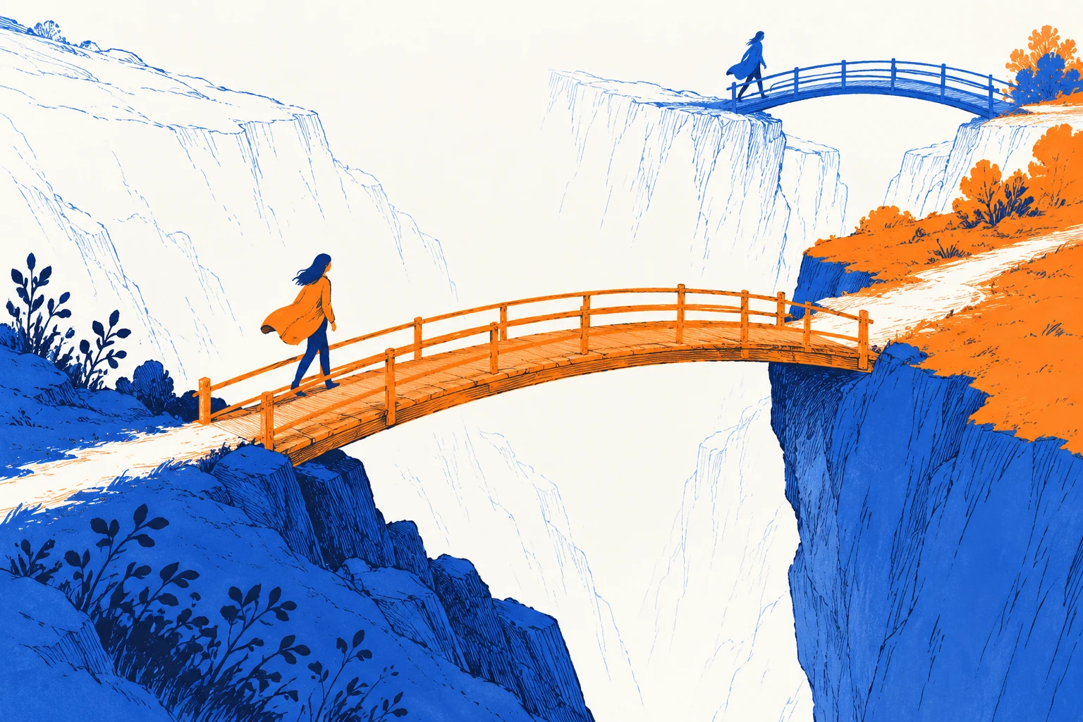 Ilustración IA: dos puentes separados sobre una garganta imaginaria. Composición imaginaria, no documenta personas, datos, pruebas o hechos reales.