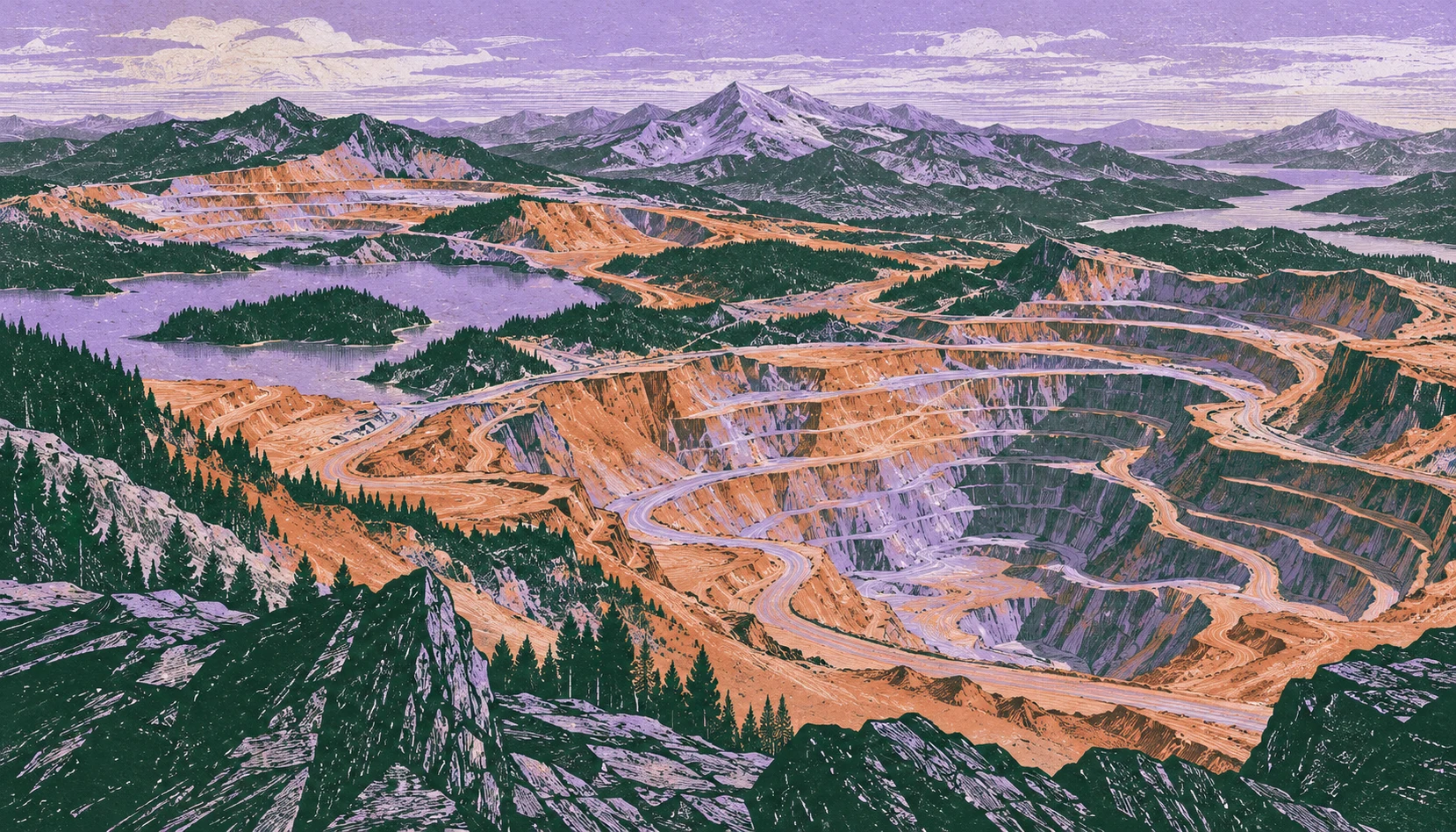 Ilustración IA: relieve minero ficticio con caminos y terrazas, sin instalación real ni personas. Composición imaginaria, no documenta personas, datos, pruebas o hechos reales.