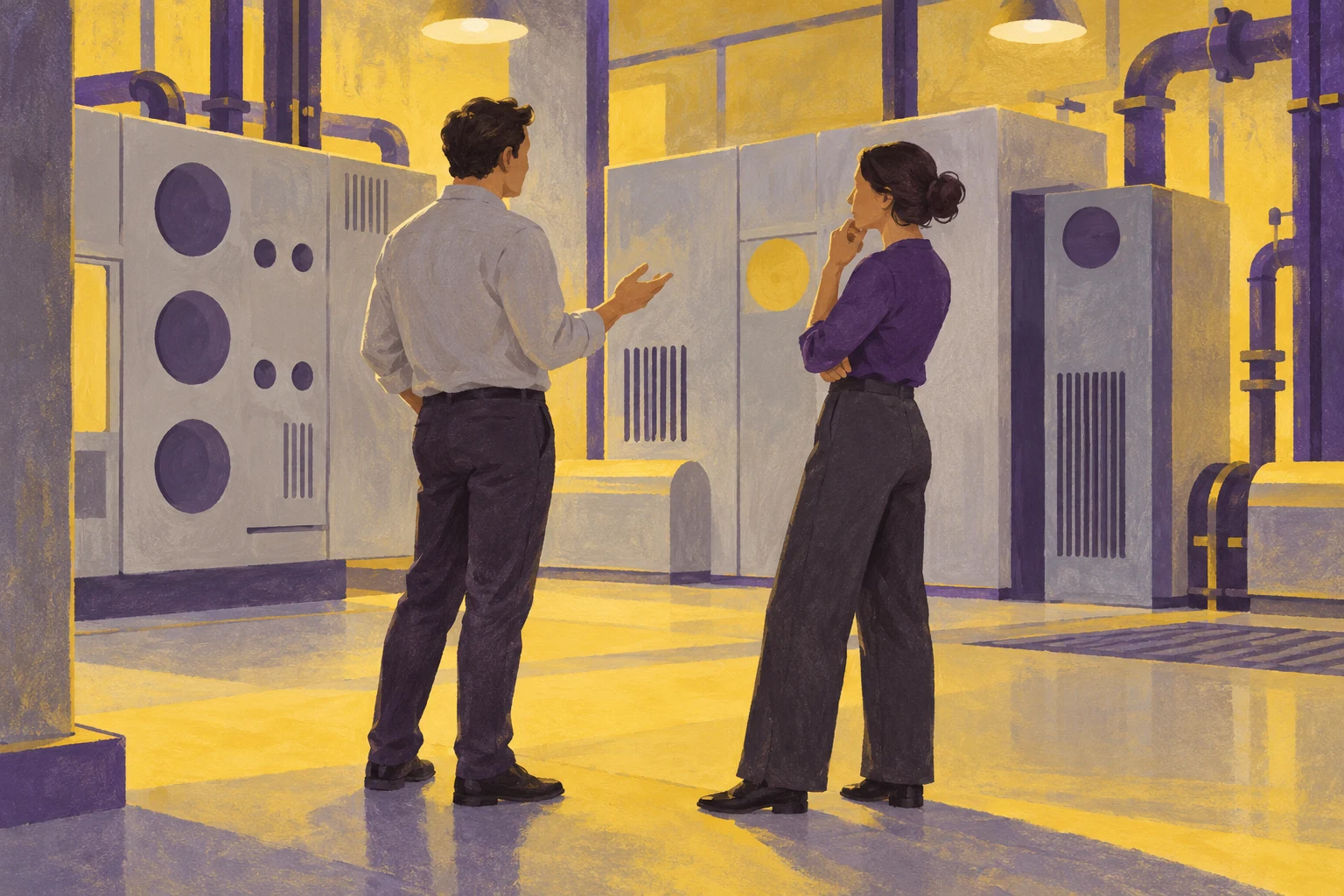 Ilustración IA: sala técnica ficticia con paneles opacos y conversación entre profesionales sin pantallas de datos. Composición imaginaria, no documenta personas, datos, pruebas o hechos reales.