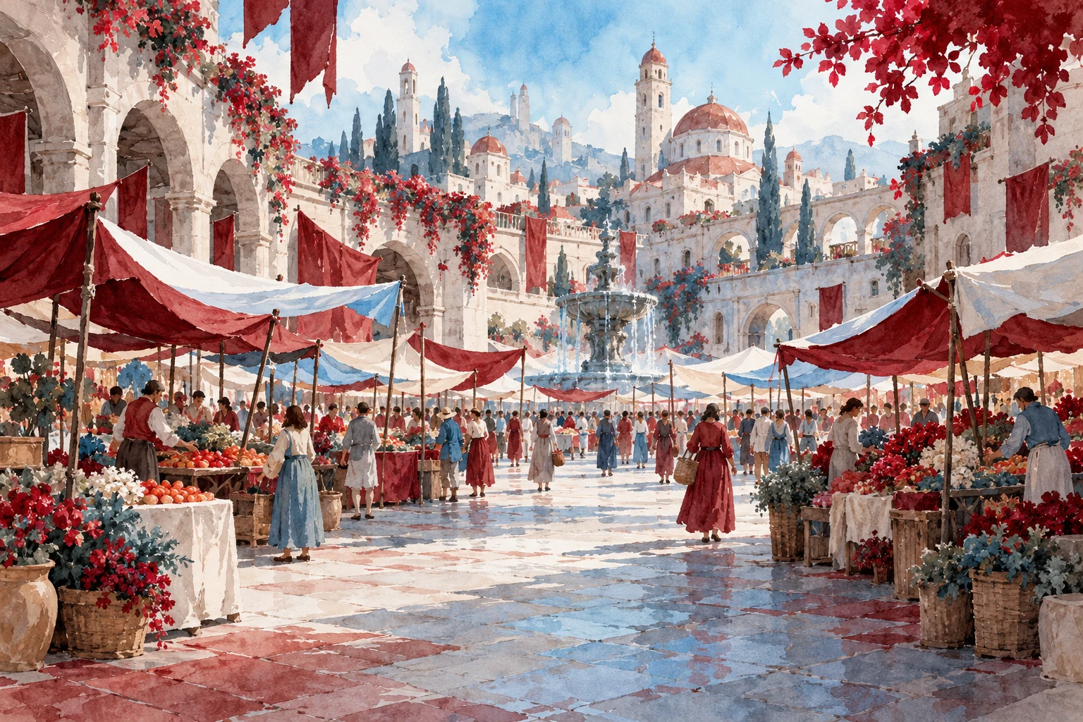 Ilustración IA: compradores anónimos en plaza imaginaria sin precios, etiquetas ni sede bancaria. Composición imaginaria, no documenta personas, datos, pruebas o hechos reales.